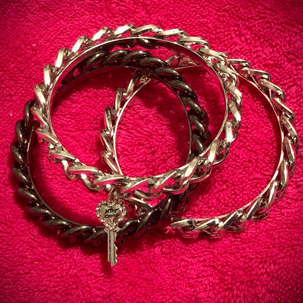 RARE Vintage Betsey Johnson Chain Silver Black Dangle Charm Bracelets - Set of 3